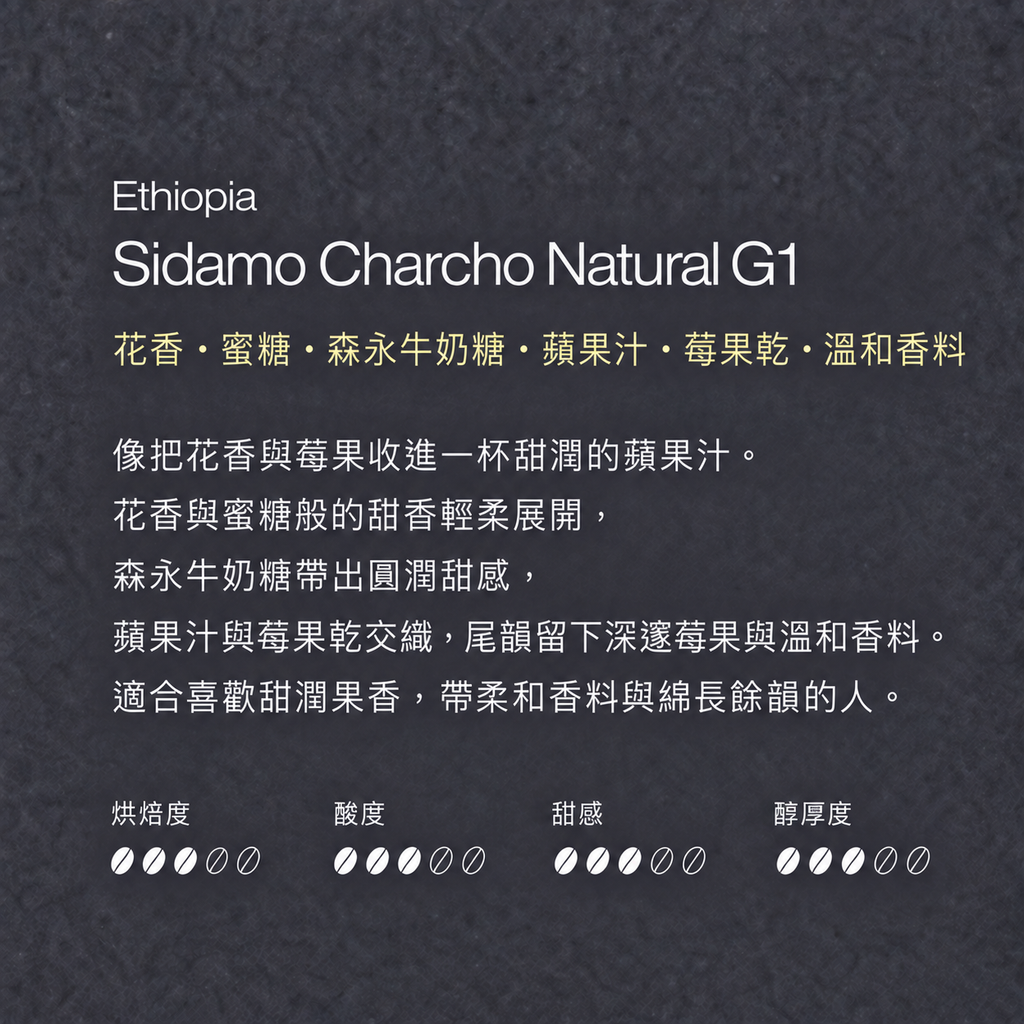 ETHIOPIA SIDAMO CHARCHO NATURAL G1 衣索比亞・西達摩・晨秋・日曬 G1