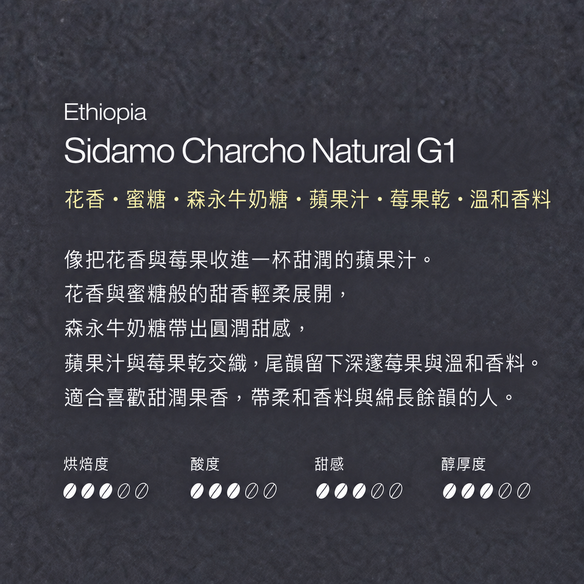 ETHIOPIA SIDAMO CHARCHO NATURAL G1 衣索比亞・西達摩・晨秋・日曬 G1