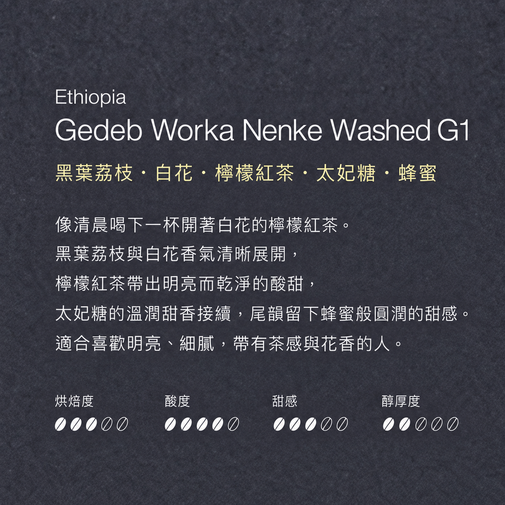ETHIOPIA GEDEB WORKA NENKE WASHED G1 &nbsp; 衣索比亞・耶加雪菲・沃卡村・荔枝處理場・水洗 G1